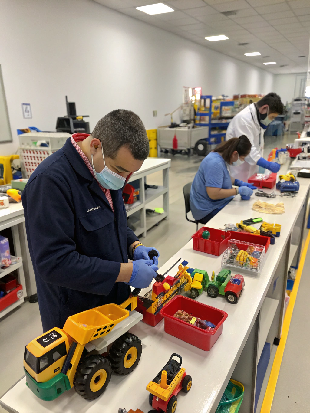 Specialist carefully inspecting wooden and silicone toy components for child safety