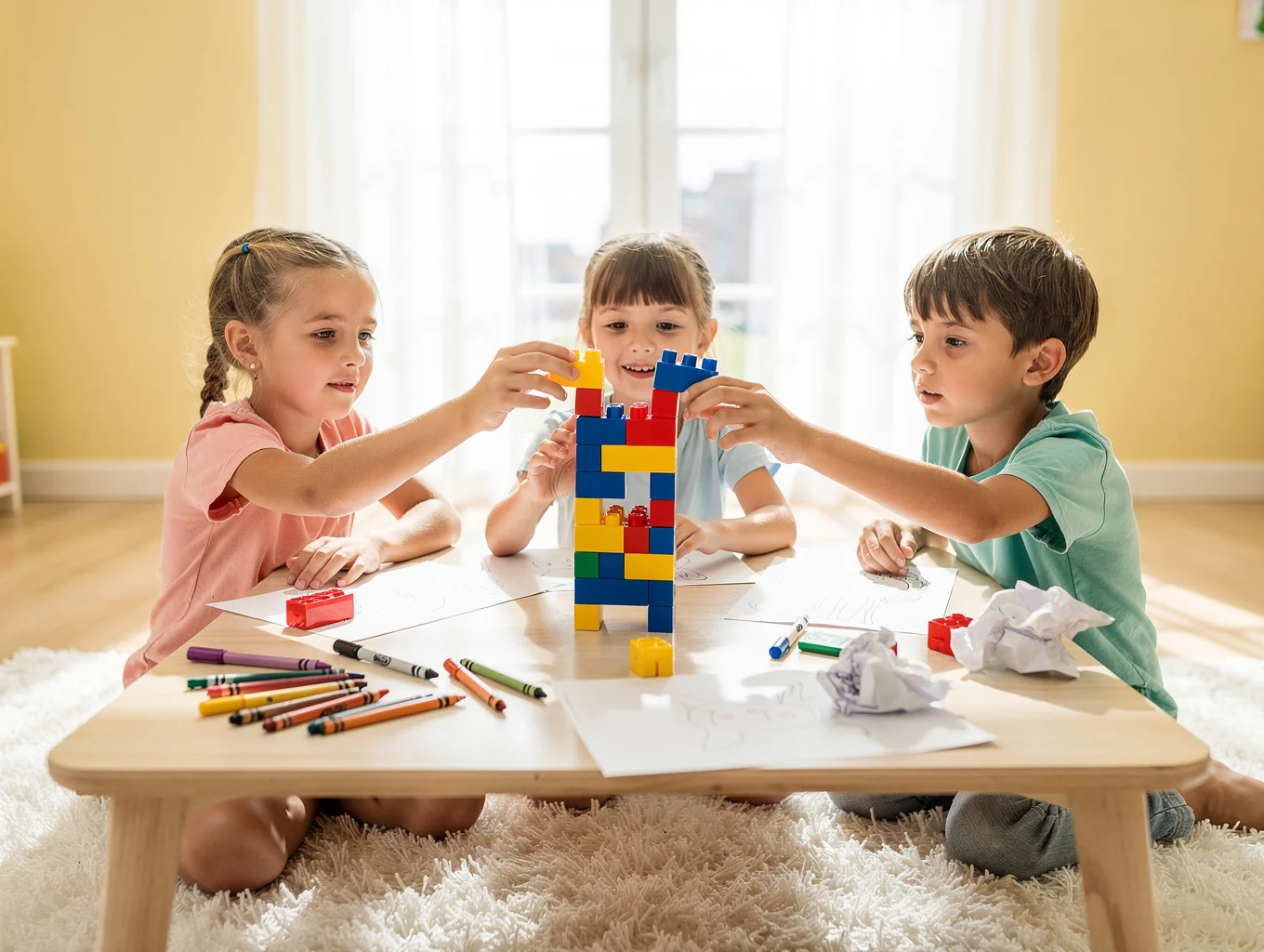 Children joyfully playing with wooden blocks and colorful toys in a bright sunlit playroom