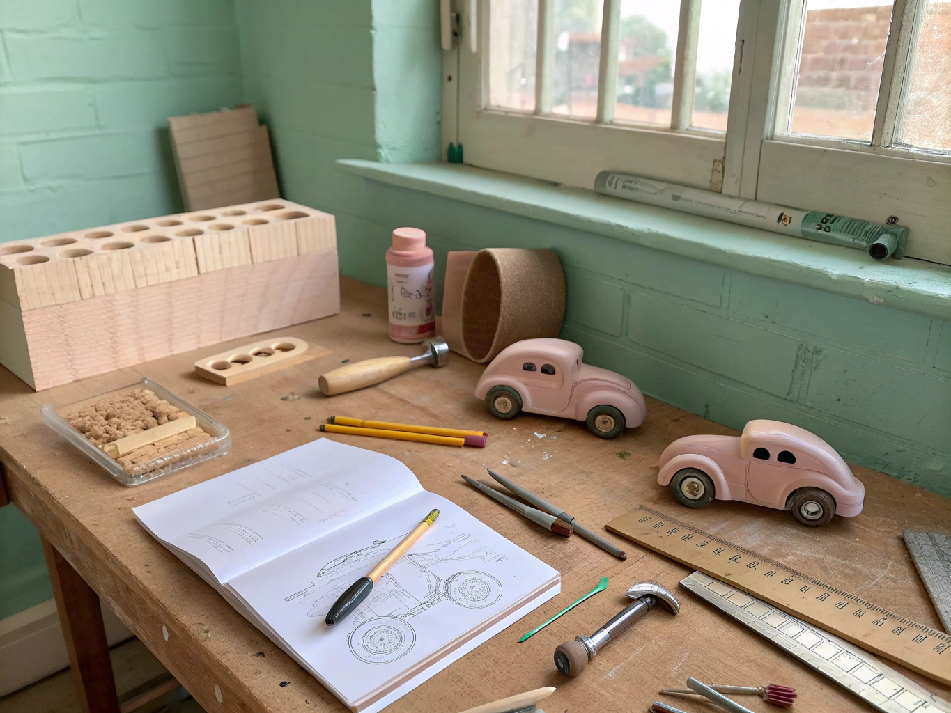 TOYBOX design team collaborating with wooden toy prototypes in their sunny creative workshop